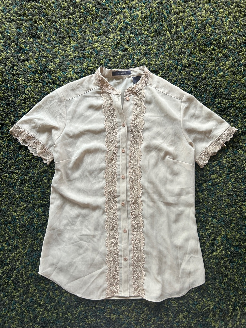 Liz Claiborne Sheer Cream Mandarin Collar Button Up